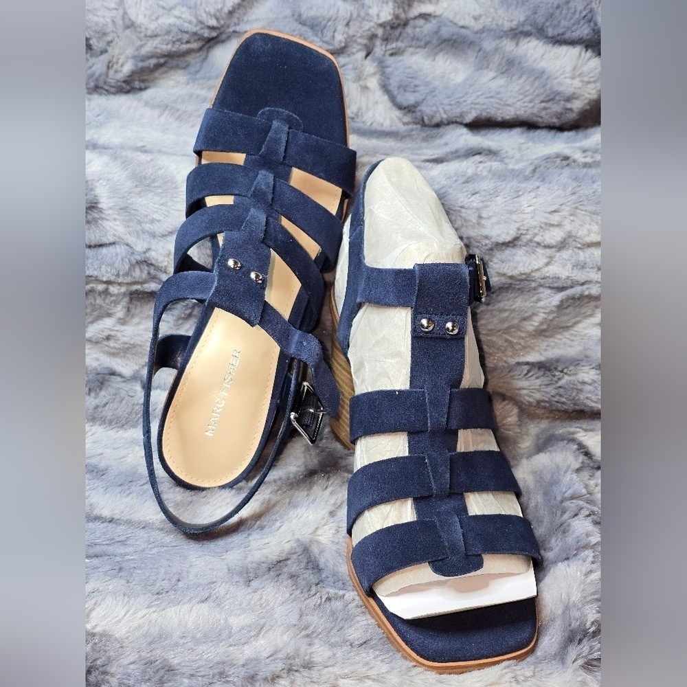 NWB Marc Fisher Fynlee Sandals Dark Blue Suede Cage Block Heel Womens 10 - Picture 6 of 9